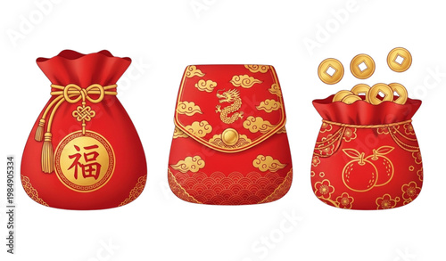 Chinese red envelope vector icons set lucky money bags new year design