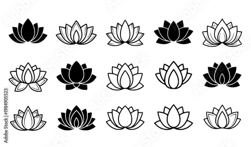 Lotus flower vector set black floral emblems leaf symbols yoga design