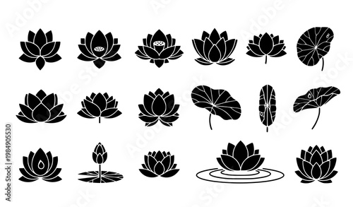 Lotus icon set vector black flower leaf emblem minimal design