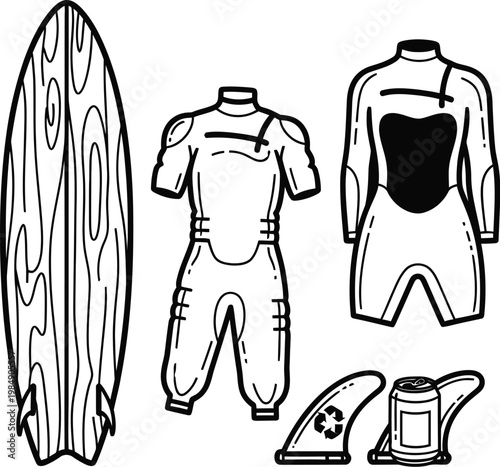 Doodle beach and surf vector hand drawn surfboard wetsuit and fins for summer vibes