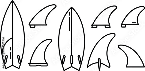 Doodle beach and surf vector black and white surfboard fin collection for summer designs