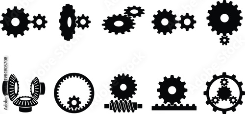 Verschiedene Zahnradgetriebe und mechanische Antriebssysteme als schwarze Silhouetten auf weißem Hintergrund dargestellt.