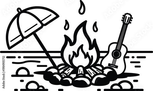 Doodle beach surf vector relaxing beach bonfire illustration with surfboard and umbrella