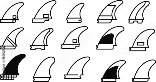 Doodle beach surf vector collection of black and white surfboard fin illustrations for design