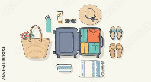 Summer vacation travel essentials, beach luggage, packing accessories, colorful icons