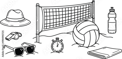 Doodle beach surf vector summer essentials volleyball sunhat sunglasses and beach gear