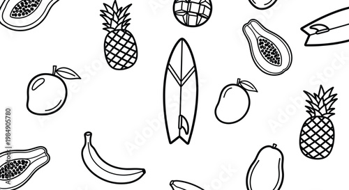 Doodle beach surf vector tropical fruits and surfboard pattern for summer vibes
