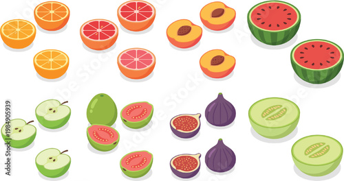Fruit Icon Set with Citrus, Peach, Watermelon, Apple, Guava, Fig, and Melon in Whole and Slice Variations for Fresh Food Design and Nutrition Concepts