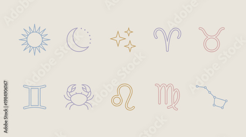 Minimalist Cosmic Astrology Icons: Symbols of Zodiac Signs and Celestial Elements