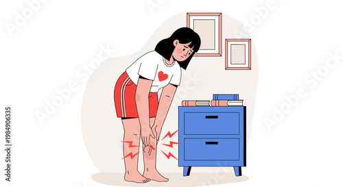 Cartoon woman with black hair bending down in pain touching blue dresser in a room with framed pictures on wall