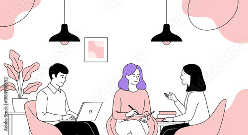 Minimalist office scene with three coworkers collaborating in a modern workspace with laptops and notes