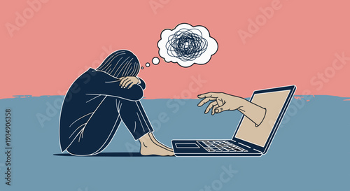 Person sitting alone with laptop experiencing online harassment or cyberbullying with thought bubble