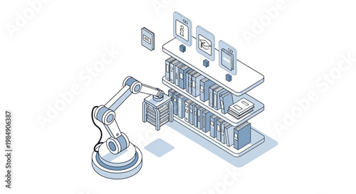 Isometric Robotic Arm Organizing Library Bookshelf - AI and Digital Education Concept