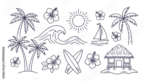 Tropical Island Elements Collection with Palm Trees, Ocean and Sun