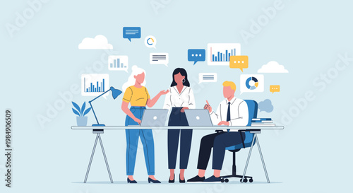 Stylized illustration of three coworkers collaborating at a desk with laptops and office supplies in a modern workspace