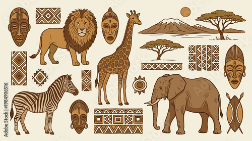 Safari Wildlife and African Cultural Elements: Masks Animals Trees and Patterns