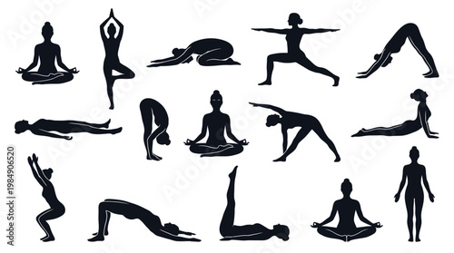 Complete yoga workout guide with black silhouettes for various poses and exercises.