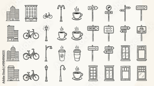 Urban city elements hand drawn doodle outline illustration set for design project