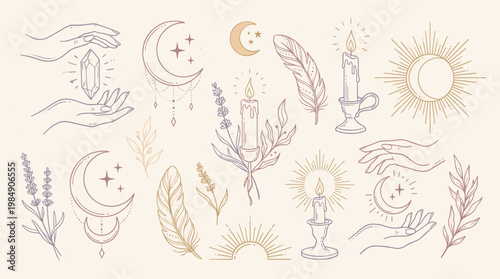 Mystical Bohemian Symbols Set: Hands Moon Sun Feather Candle Crystal Floral