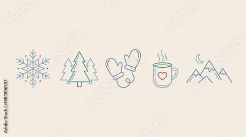 Winter Elements Icon Set: Snowflake Firs Mittens Hot Drink Mountains Outline Art