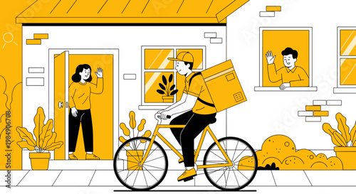 Delivery person riding bicycle with package to smiling customer at home stylized illustration in yellow and white hues