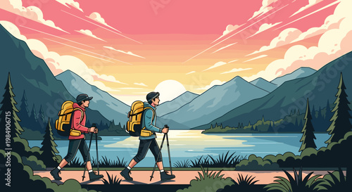 Two hikers walking with backpacks and trekking poles along serene lake shore at sunset with mountains