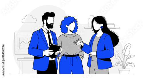 Three coworkers in blue jackets discuss project with tablet in modern office setting with plants