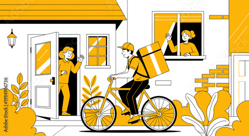 Stylized illustration of delivery person on bicycle approaching house with customer waving from doorway and window yellow and white