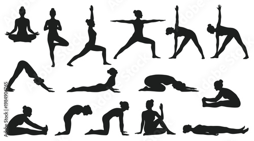Various yoga postures and figures silhouettes on transparent background vector.