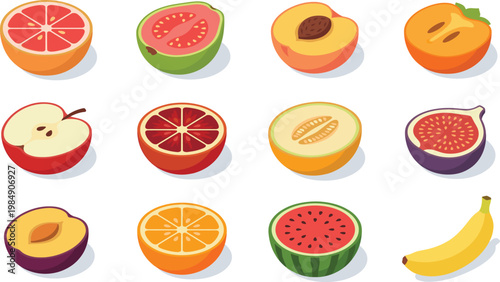 Fruit Half Cut Icon Set with Citrus, Apple, Guava, Peach, Fig, Melon, Watermelon, and Banana for Fresh Food Design and Healthy Nutrition Illustrations
