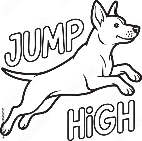A black and white line art illustration of a dog jumping with text