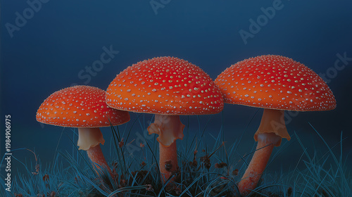 Three vibrant red Fly Agaric mushrooms with white spots sprout from a textured patch of blue moss and grass on a dark background.