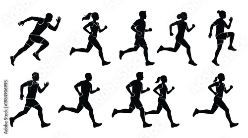 Athletic jogging silhouettes set illustrating people running for health and training.