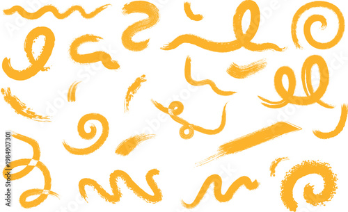 Hand-drawn yellow abstract brush strokes and swirls collection on a transparent background
