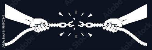 Hands pulling and breaking a chain, concept of conflict and freedom