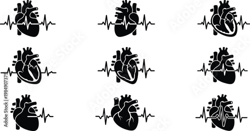 Neun detaillierte schwarze Silhouetten menschlicher Herzen mit EKG-Linien, die medizinische und kardiologische Konzepte darstellen.