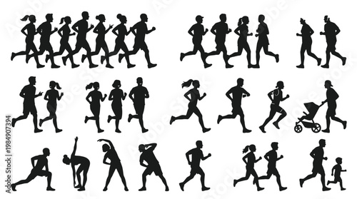 Group of people running and exercising in different poses on transparent.