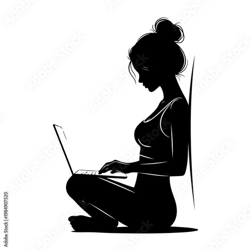 A woman sits in a serene silhouette working on her laptop in a peaceful environment silhouette