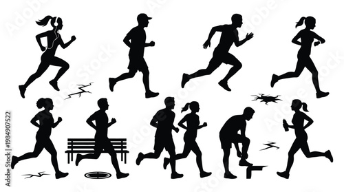 Diverse group of runners in urban park environment silhouettes with bench and cracks.