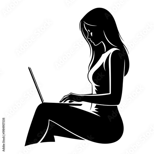 A woman sits in silhouette using a laptop on her lap in a peaceful and serene environment silhouette