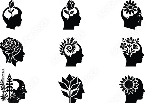 Satz von neun Kopf-Silhouetten, die das Wachstum von Gedanken als Blumen symbolisieren.