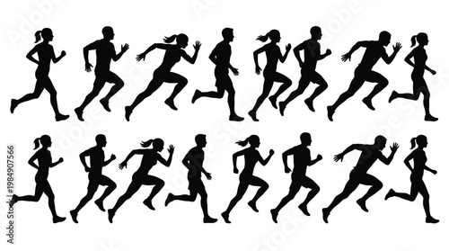 Professional sprinters and track athletes running fast silhouettes in various phases.