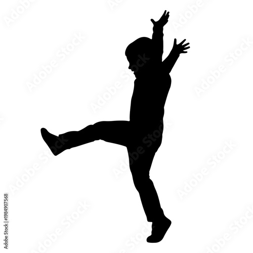 A person in a dynamic silhouette pose with arms raised and one leg lifted