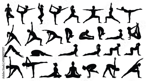 Black yoga silhouette collection featuring various healthy exercise poses on background.