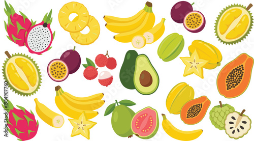 Tropical Fruit Illustration Set with Banana, Papaya, Dragon Fruit, Passion Fruit, Avocado, Starfruit, Guava, and Durian for Exotic Food Design and Fresh Nutrition Concepts
