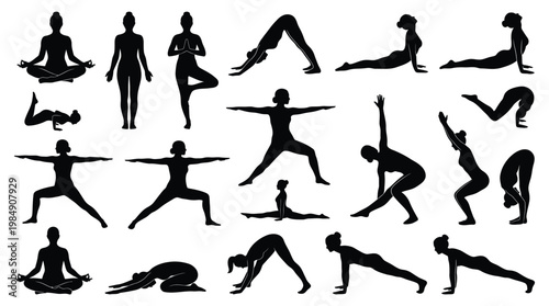 Meditative yoga poses and stances silhouette diverse individuals on transparent.
