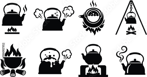 Eine Sammlung von acht schwarzen Silhouetten-Symbolen, die kochende Wasserkocher auf verschiedenen Feuerstellen darstellen.
