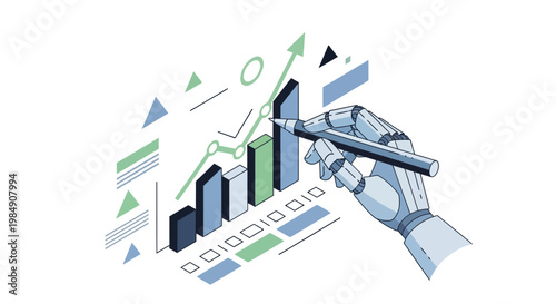 AI Robot Hand Drawing Growing Financial Business Chart and Bar Graph Illustration