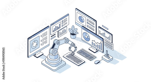 Robotic Process Automation and Data Analysis Isometric Illustration with AI Robot Arm Operating Computers and Displays Showing Business Analytics Charts and Graphs