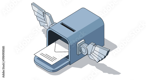 Isometric 3D Illustration of a Flying Blue Mailbox with Robotic Wings for Fast Express Delivery and Digital Communication Services